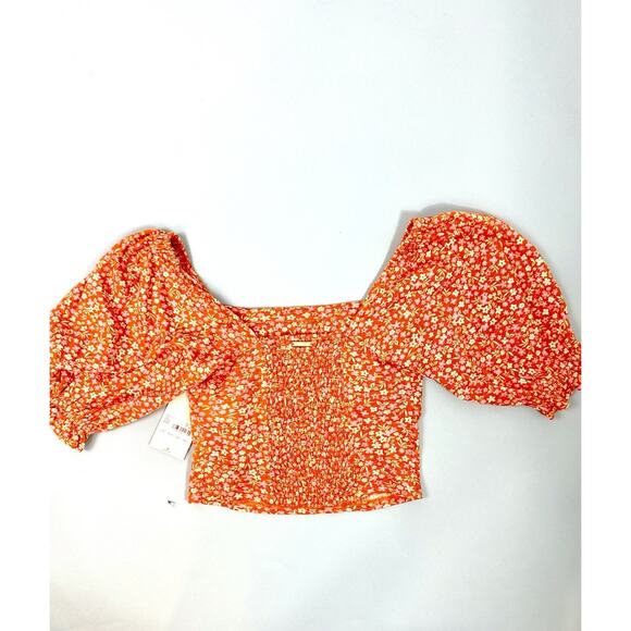 NWT Billabong Flora 💯 Cotton Puff Sleeve Floral Top Orange Pink Combo $46 XS/6 - Picture 3 of 5